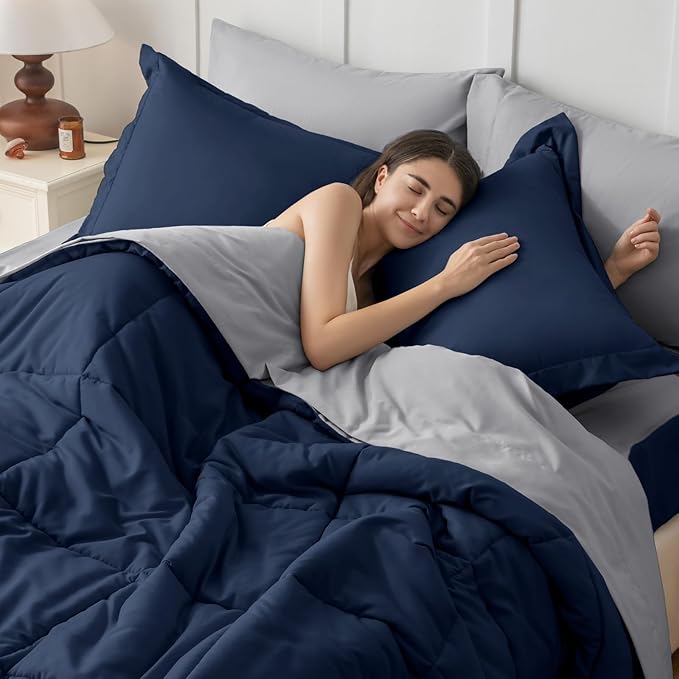 JOLLYVOGUE Full Comforter Set, Ultra-Soft Bed in a Bag Full Size 7 Pieces, Oeko-TEX Certified Bedding Set with Down Alternative Comforter, Sheets, Pillowcases & Shams, Navy Blue & Light Grey