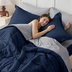 JOLLYVOGUE Twin XL Comforter Set, Ultra-Soft Bed in a Bag Twin XL Size 5 Pieces, Oeko-TEX Certified Bedding Set with Down Alternative Comforter, Sheets, Pillowcases & Shams, Navy Blue & Light Grey