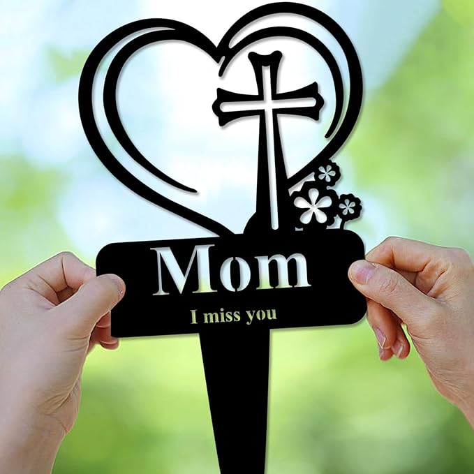 Mom Memorial Grave Stake, Cemetery Decorations for Grave Markers 12.5 x 7.2 inch Heart Metal Sympathy Stakes Graveside Plaque Decor Sign for Mother Graves, Yard, Garden - Black-Mom