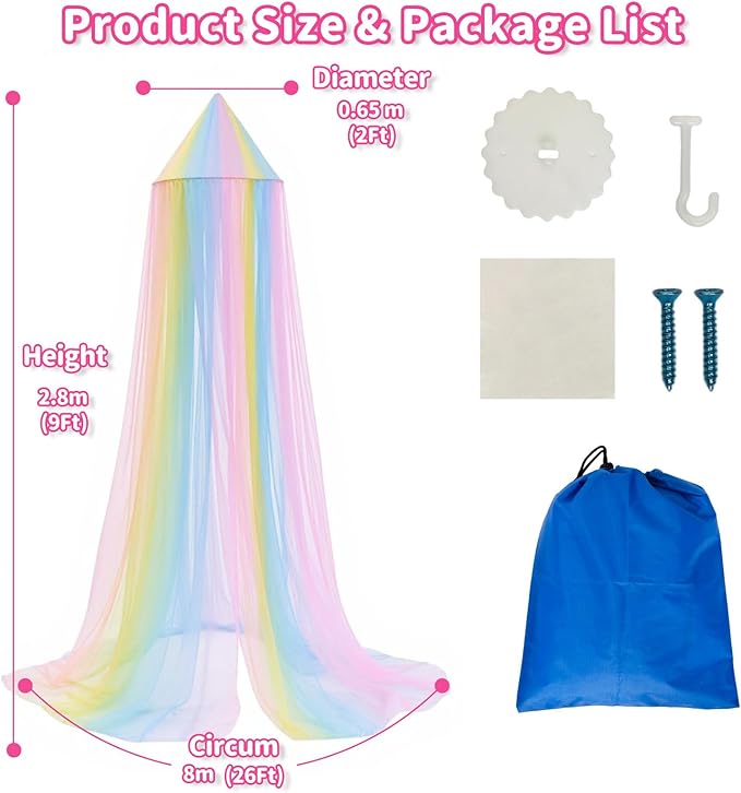 Rainbow Princess Bed Canopy for Girls, Mosquito Net Bed Canopy for Twin/Full/Queen Size Bed, Hanging Bed Net, Bedroom Decor with Hanging Kit, Easy Install Travel Canopy with Storage Bag