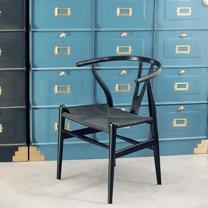 Wishbone Chair, Solid Wood Armrest Woven Seat Chair, Kitchen & Dining Chair, Wishbone Y Black Chairs - Set of 2 (Ash Wood - Black)