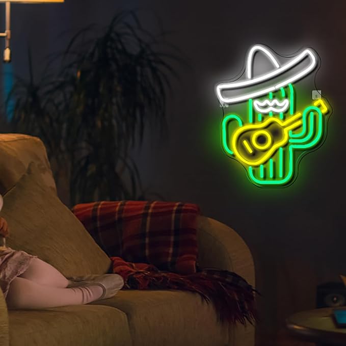 WLHOPE Cactus Neon Sign Cowboy Hat LED Signs Green Led Neon Signs for Wall Decor, Guitar Cactus Neon Led Signs USB Anime Neon Light for Bedroom Game Room Kids Room Home Bar Party Shop Gift