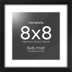 Homeforia 8x8 Picture Frame Black Wood, High-End Oak 8 x 8 Square Frames with Mat 6 by 6 inch Photo, 8x8 Wooden Frame Matted to 6x6 Art, 8by8 Wall or Tabletop Frame, Tempered Glass, Wall Kit, Set of 1