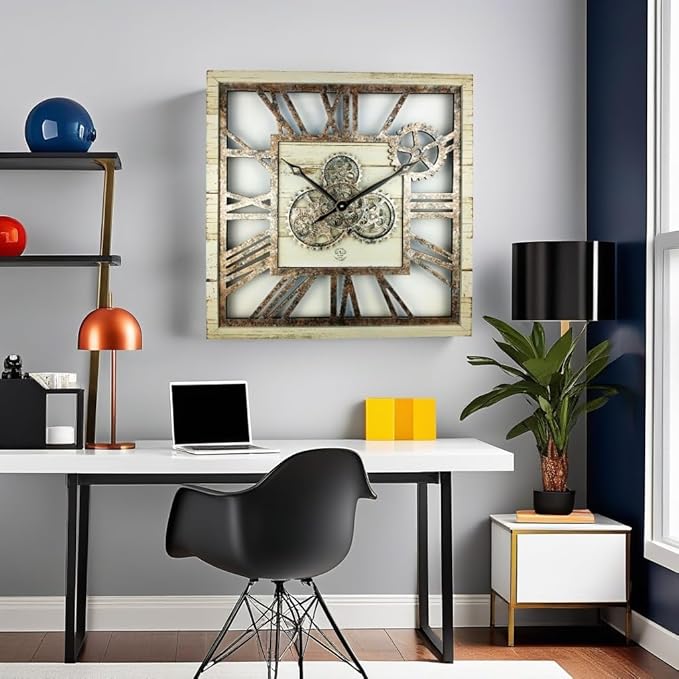 The Gears Clock 24'' Inch Square Real Moving Gear Wall Clock Vintage Industrial Oversized Rustic Farmhouse (Desert Beige)