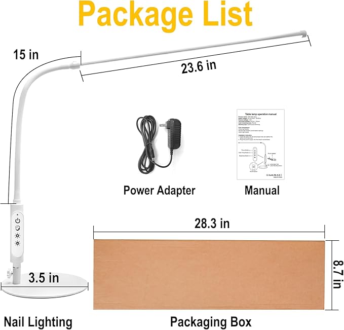 CGBE Led Desk Lamp: 360° Adjustable Nail Light for Desk with 3 Color Modes 5 Brightness, 23.6-Inch Nail Lamp for Desk for Salon Manicurist Tattoo Crafts Sewing Work Reading Game