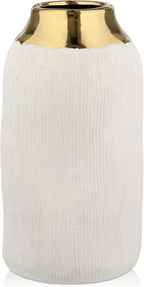 10.2" Ceramic Flower Vintage Vase - White & Gold Stripes Textured Ceramic Vase for Farmhouse Modern Home Decor Pampas Grass Centerpieces Living Room Bedroom Office Decoration