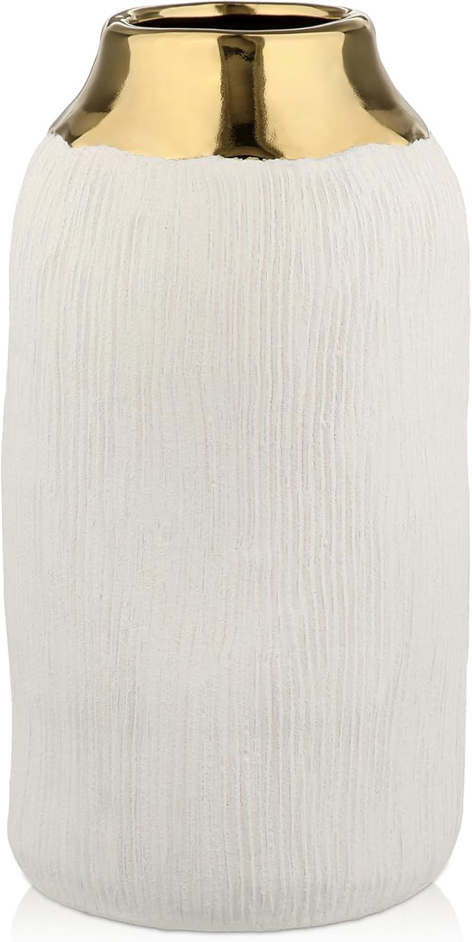 10.2" Ceramic Flower Vintage Vase - White & Gold Stripes Textured Ceramic Vase for Farmhouse Modern Home Decor Pampas Grass Centerpieces Living Room Bedroom Office Decoration