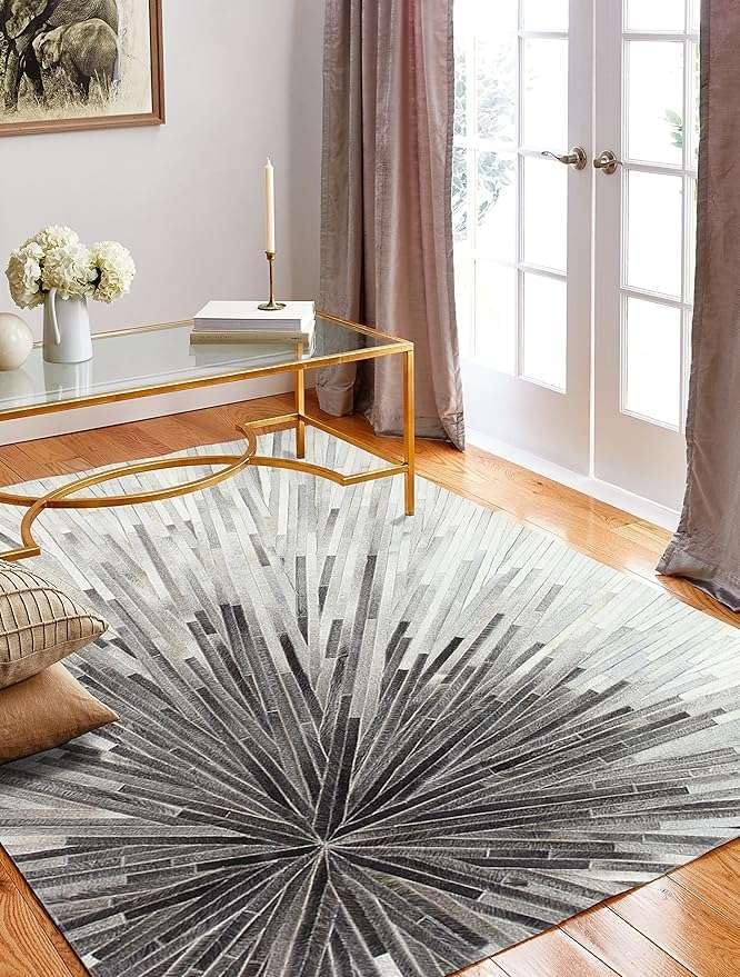 Faux Cowhide Area Rug | Radiating Starburst Pattern Non-Slip Leather Carpet for Western, Farmhouse & Modern Home Décor – Living Room, Bedroom & Office Accent(Grey_2.5x12)