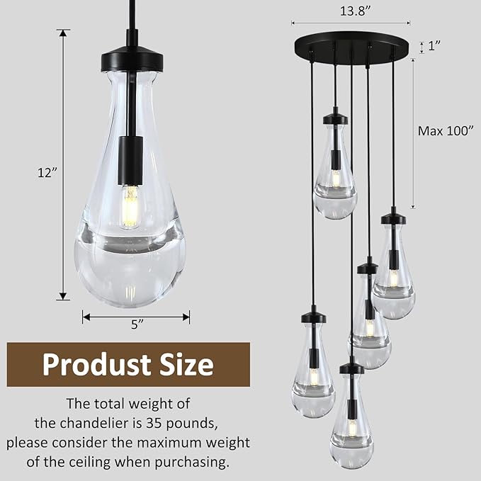 Raindrop 5 Light Cluster Pendant Lights, Black High Ceiling Chandeliers Adjustable, Living Room Pendant Light, Foyer Chandeliers, Stairwell Pendant Lighting, Bedroom Chandelier,E12 including bulb