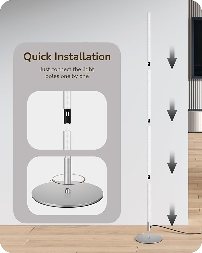 EDISHINE Modern Minimalist Floor Lamp, 2-Pack Adjustable Led Corner Lamps, Dimmable with 7 Color Temperatures (3000K-6000K), 57.5" Height for Bedroom, Living Room, Office, Silver