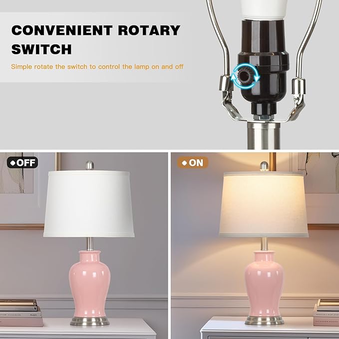 23" Ceramic Table Lamps Set of 2, Modern Ceramic Lamps for Living Room, Cute Bedside Lamps with Ginger Jar Design, Elegant Bedroom Lamps for Nightstand Dining Room Desk Side End Table Home Decor, Pink