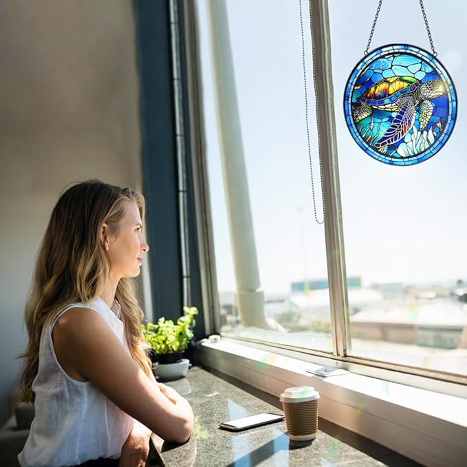 Stained Glass Turtle Suncatcher Window Hanging - Handmade Sea Turtle Suncatchers for Windows with Hooks - Sea Glass Wall Art Home Decor Outdoor Garden Sun Catcher - Birthday Gifts for Mom Grandma