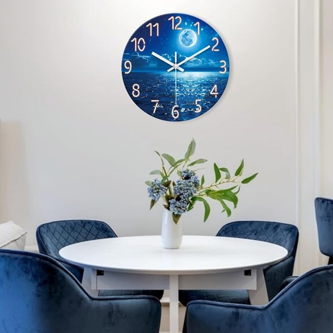 XFM Blue Wall Clock Battery Operated 14 Inch Moon Ocean Glass Clock Silent Non Ticking Modern Decorative Wall Clocks for Kitchen Bedroom Bathroom Decor