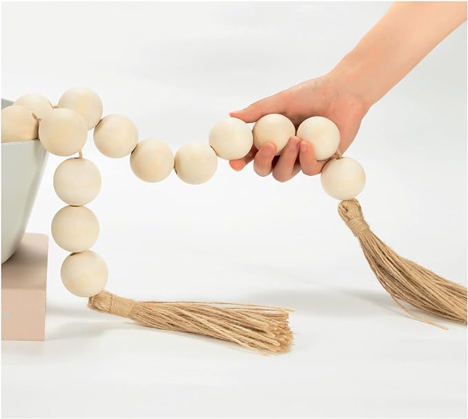 OMISHE 50" Long Extra Large Wood Bead Garland with 1.6" Diameter Wooden Beads and Tassels, Rustic Farmhouse Country Decorative Beads for Home Decor Tiered Tray Decor, Natural Beige