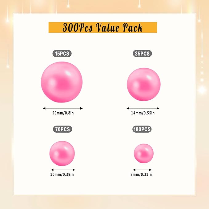300Pcs Pearl Vase Filler, Pink No Hole Faux Pearl Beads for Centerpieces Vases, Candle Centerpieces, Wedding Birthday Party Home Decor 8/10/14/20mm