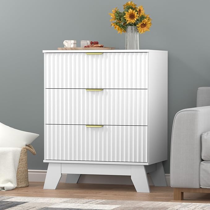 Fluted Dresser for Bedroom,3 Drawer Dresser for Closet,Storage Cabinet and Chest of Drawers with Gold Handle,TV Stand,Storage Organizer for Living Room,Hallway,Entryway,White
