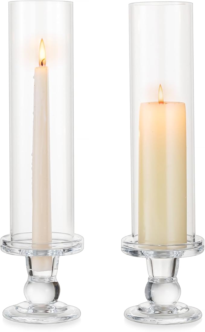 Hurricane Glass Taper Candle Holder: 2Pcs Tall Hurricane Candle Holder for Home Clear Tapered Candlestick Holders with Open Ended Glass Sleeve Candle Stick Holder for Table Centerpieces