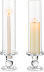 Hurricane Glass Taper Candle Holder: 2Pcs Tall Hurricane Candle Holder for Home Clear Tapered Candlestick Holders with Open Ended Glass Sleeve Candle Stick Holder for Table Centerpieces