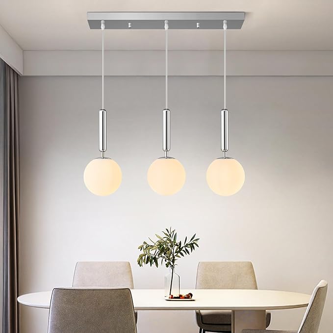 Modern Chrome Pendant Lights Kitchen Island Mid Century with Globe Pendant Light Milk White Glass Pendant Lighting for Living Room Bedroom Entryway (3 Lights)