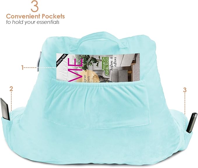 Nestl Reading Pillow Standard Bed Pillow, Back Pillow for Sitting in Bed Shredded Memory Foam Chair Pillow, Reading & Bed Rest Pillows Light Blue Back Pillow for Bed, Bed Chair Arm Pillow with Pockets