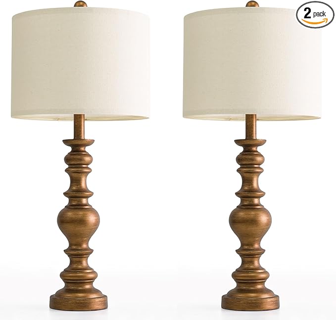 BOBOMOMO 27" Antique Gold Table Lamps Set of 2, Elegant Large Resin Lamps with Linen Shades, Gold Traditional Lamps for Bedroom, Living Room, or Console Table, Classic Vintage Décor