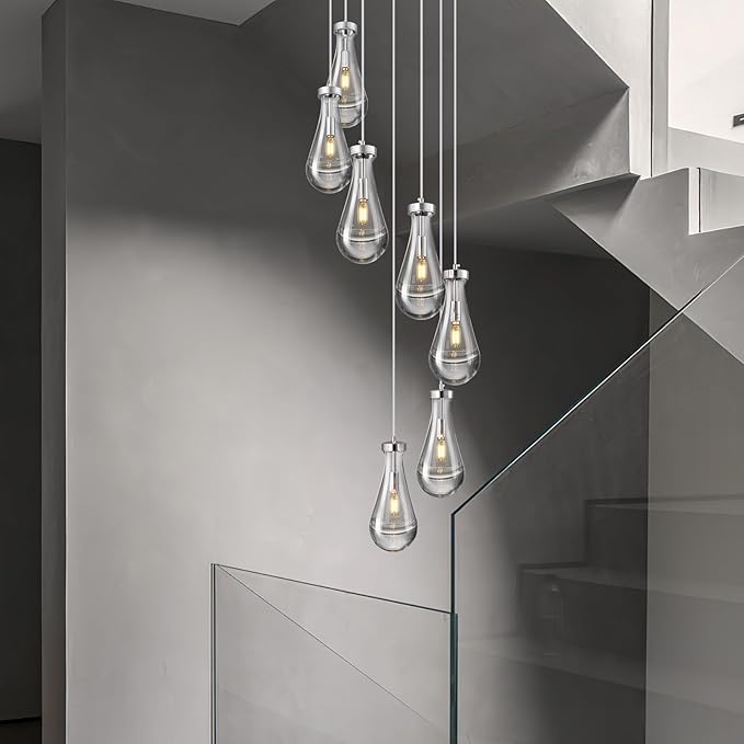 Raindrop Pendant Lights Kitchen Island Teardrop Chrome Hanging Light Fixtures Clear Solid Glass Pendant Light Modern Chandeliers for Dining Room Porch Corridor Living Room(7-Light)