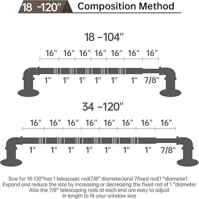 Industrial Curtain Rods 18 to 120 in,Wrap Around Rods, Adjustable Curtain Pole,1 in Diameter Pipe Wall or Ceiling Mounted,for Living Room(Antique Nickel 18” to 120”)