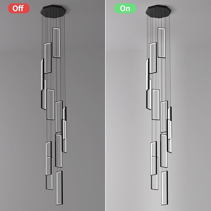 Modern Adjustable Height Pendant Light Fixture Black 252W LED Pendant Lights 12 Rings Rectangular Chandelier Staircase Large Chandelier Lobby Living Room Foyer High Ceiling Chandeliers