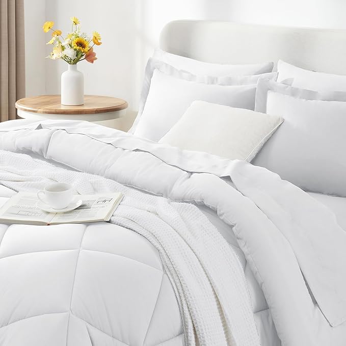 CozyLux King Size Comforter Set White - 7 Pieces Bed in a Bag King, Luxury Soft Bed Set for All Seasons, Bedding Set with Down Alternative Comforter, Sheets, Pillowcases & Shams
