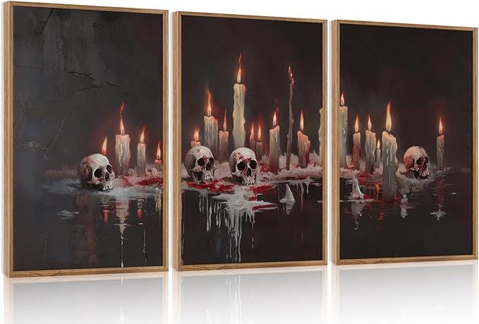 Aurlan Gothic Bloody Skull and Candles Framed Wall Art(16"x24"), 3PCS Horror Dark Academia Halloween Skeleton Canvas Artwork, Modern Goth Spooky Creepy Ghost Decor for Home Office Bedroom