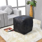 Square Shaped Goat Leather Handmade Eco-Friendly Vintage Blue Pouf - Square Pouf, 18" x 18" x 18", Plain Solid Pouf, Goat Leather Pouf, Recycled Cotton Filled Stuffed Pouf, Seating Pouf PF37