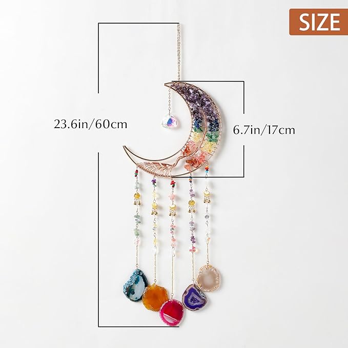 Agate Gemstone Dream Catcher 7 Chakra Tree of Life Dream Catcher with Rainbow Crystal Stones Handmade Dreamcatcher Wall Decor for Adults Boys Girls,Bedroom,Wedding,Garden,Bless Gift(Rainbow Moon)