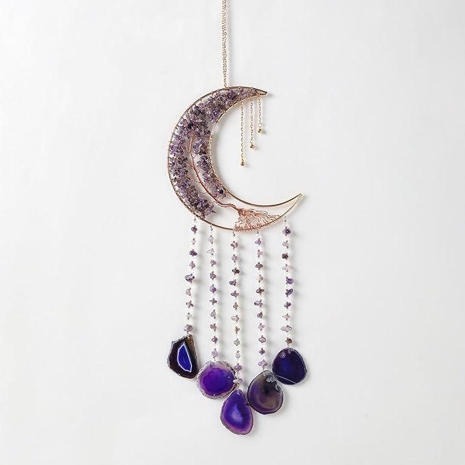 Agate Gemstone Dream Catcher 7 Chakra Tree of Life Dream Catcher with Rainbow Crystal Stones Handmade Dreamcatcher Wall Decor for Adults Boys Girls,Bedroom,Wedding,Garden,Bless Gift(Purple Moon)