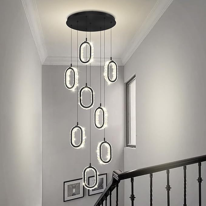 Black 8 Rings Crystal Chandelier for Foyer Stairwell High Ceiling Chandelier Dimmable Oval Crystal Ring Pendant Light