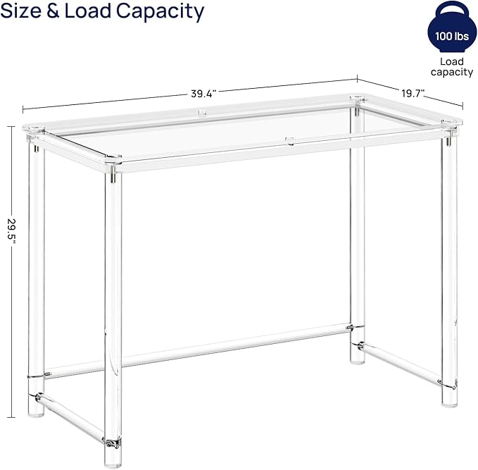 HMYHUM Acrylic Desk, Clear Desk for Home Office for Laptop, Study, Writing, Vanity Table with Cylindrical Legs, Modern, Easy Assembly, 39.4" L x 19.7" W x 29.5" H