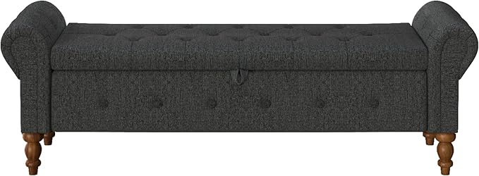 Storage Ottoman Bench for Bedroom, Linen 52" End of Bed Bench with Rolled Arms Upholstered Ottoman Bench Fit for Bedroom, Living Room, Entryway, Dark Gray