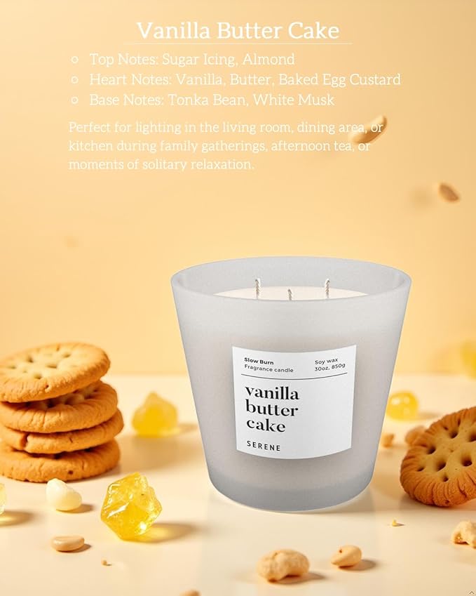 Candles for Home Scented, Big Candles Vanilla Butter Cake Scented, 30oz Natural Soy Wax, 3 Wicks Huge Candle, 100h Long Lasting,Non Toxic,Clean Burn Aromatherapy Candle for Home Fragrance