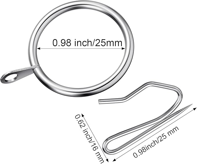 Hotop 30 Pcs Metal Drapery Curtain Rings 0.98/1.26/1.65 inch Interior Diameter and 30 Pcs Hanging Curtain Drapery Pin Hooks for Window Door Shower(25 mm,Silver)