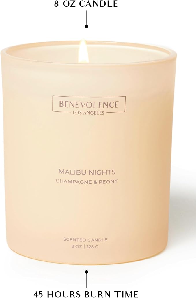 Champagne & Peony – Benevolence LA Scented Candle | 8oz, 45-Hour Burn | Natural Soy Wax, Cotton Wick | Romantic & Elegant Home Fragrance | Malibu Sands Collection – Gift for Women & Men