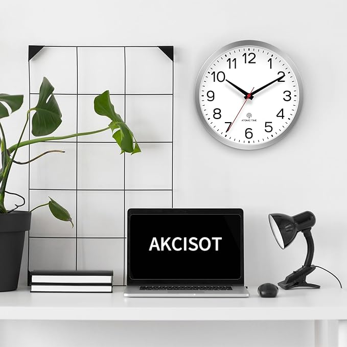 AKCISOT Atomic 12 Inch Wall Clock Analog Clocks for Indoor Kitchen, Battery Operated Clock for Bedroom Office Classroom Living Room(Silver)
