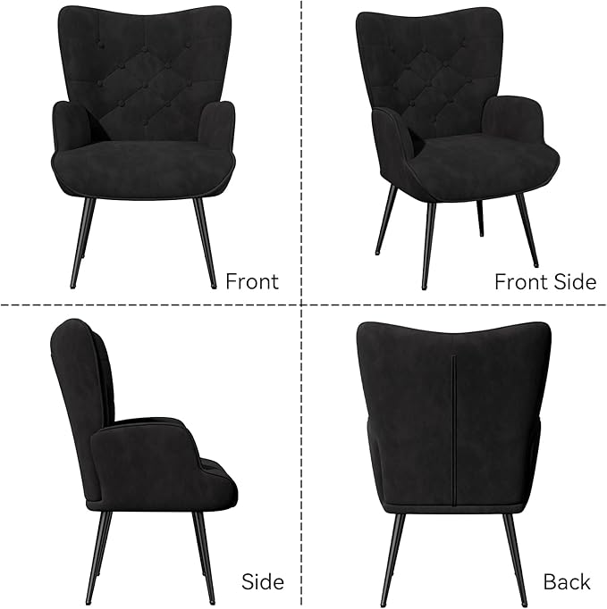 Nalupatio Mid Century Modern Accent Chair, Velvet Upholstered Armchair with Metal Legs, Tufted Button Wingback Side Chair, High Back Reading Chair for Living Room Bedroom, Black
