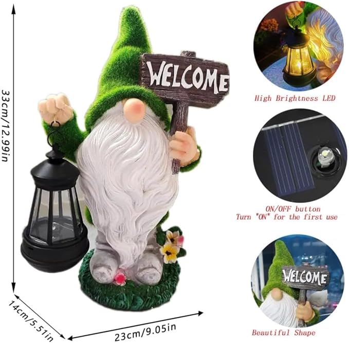 Solar Gnome Outdoor Garden Fall with Solar Lantern - 11’’Halloween Autumn Welcome Gnomes Decorations for Yard Patio (Green & White)