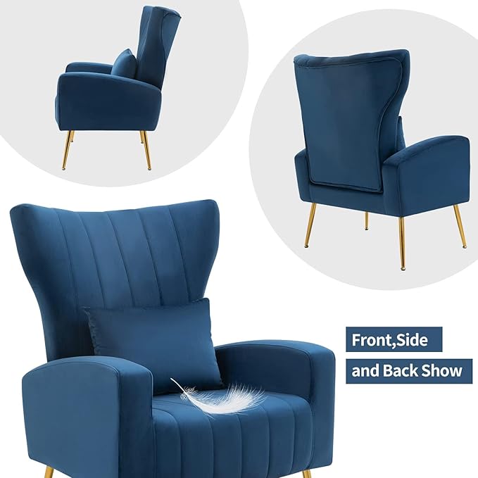 X-VOLSPORT Velvet Accent Chairs Set of 2, Mid Century Modern High Back Living Room Chair with Waist Pillow, Upholstered Arm Chair with Metal Gold Legs for Bedroom, Club, Dark Blue