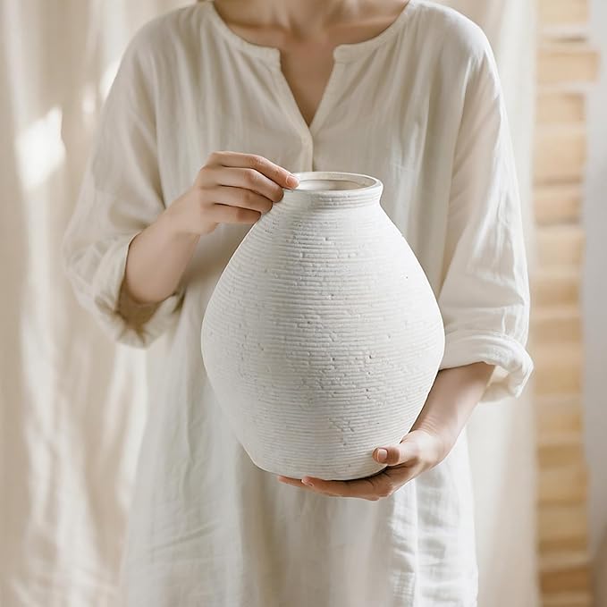 12” Ceramic Distressed Vase Handcrafted Rustic Neutral Decorative Floor Vases Home Decor Accent for Living Room, Dining Table, Entryway or Shelf Styling