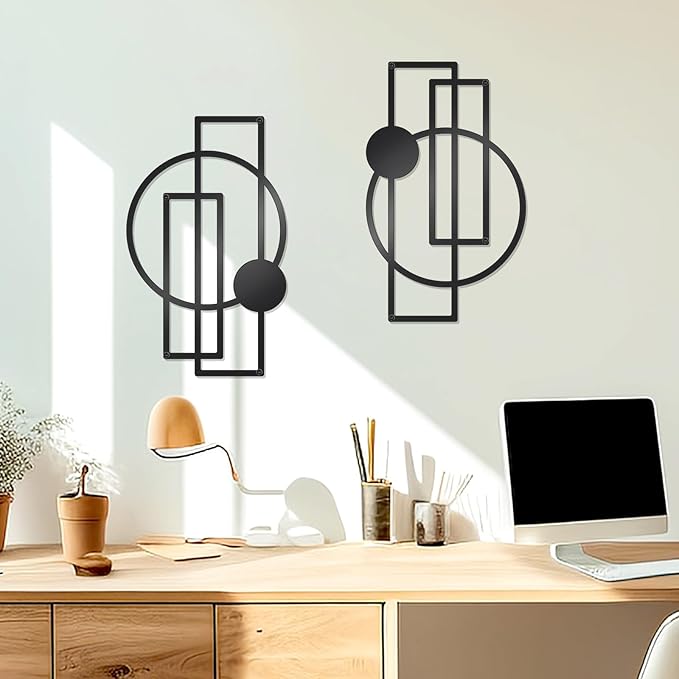 OYEFLY 2 Pcs Metal Abstract Wall Art,Modern Geometric Decor (Black, style 1)