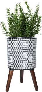 Flower Pot with Legs Tall Flower Pot with Drainage Holes for Indoor and Outdoor Decorative Planting (White Black Honeycomb, 10 Inches)
