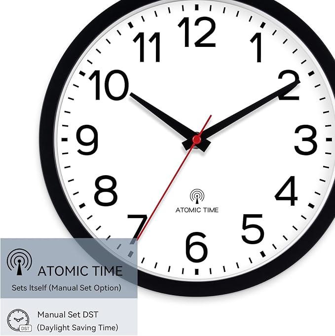 AKCISOT Atomic 10 Inch Wall Clock Analog Clocks for Indoor Kitchen, Battery Operated Clock for Bedroom Office Classroom Living Room(Black)