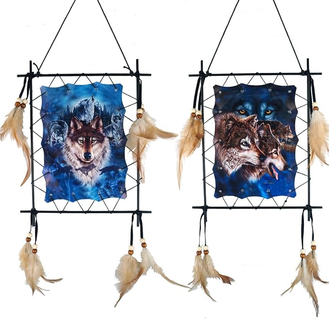 Remorelt Wolf Eagle Bear Dream Catcher Bedroom Wall Decor, Christmas Home Decoration, Room Accessory, White Moon Feather Decoration - Unique Home Craft Wall Pendant (DC06 Frame Set 2)