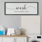 SRSZHIYUE Wash Your Worries Away Bathroom Sign Wall Art 40"x15" Funny Restroom Toilet Large Wood Framed Hanging Decor (Black)