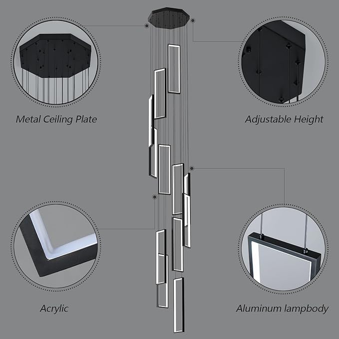 Modern Adjustable Height Pendant Light Fixture Black 252W LED Pendant Lights 12 Rings Rectangular Chandelier Staircase Large Chandelier Lobby Living Room Foyer High Ceiling Chandeliers